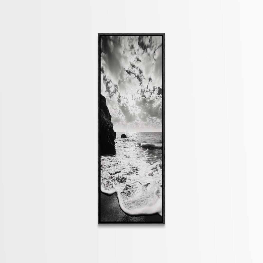 Ocean Sunset Foam, Coastal Waves Print, Seascape Minimalist, Fall Bathroom Decor, Canvas Print, Black White Beach Photography