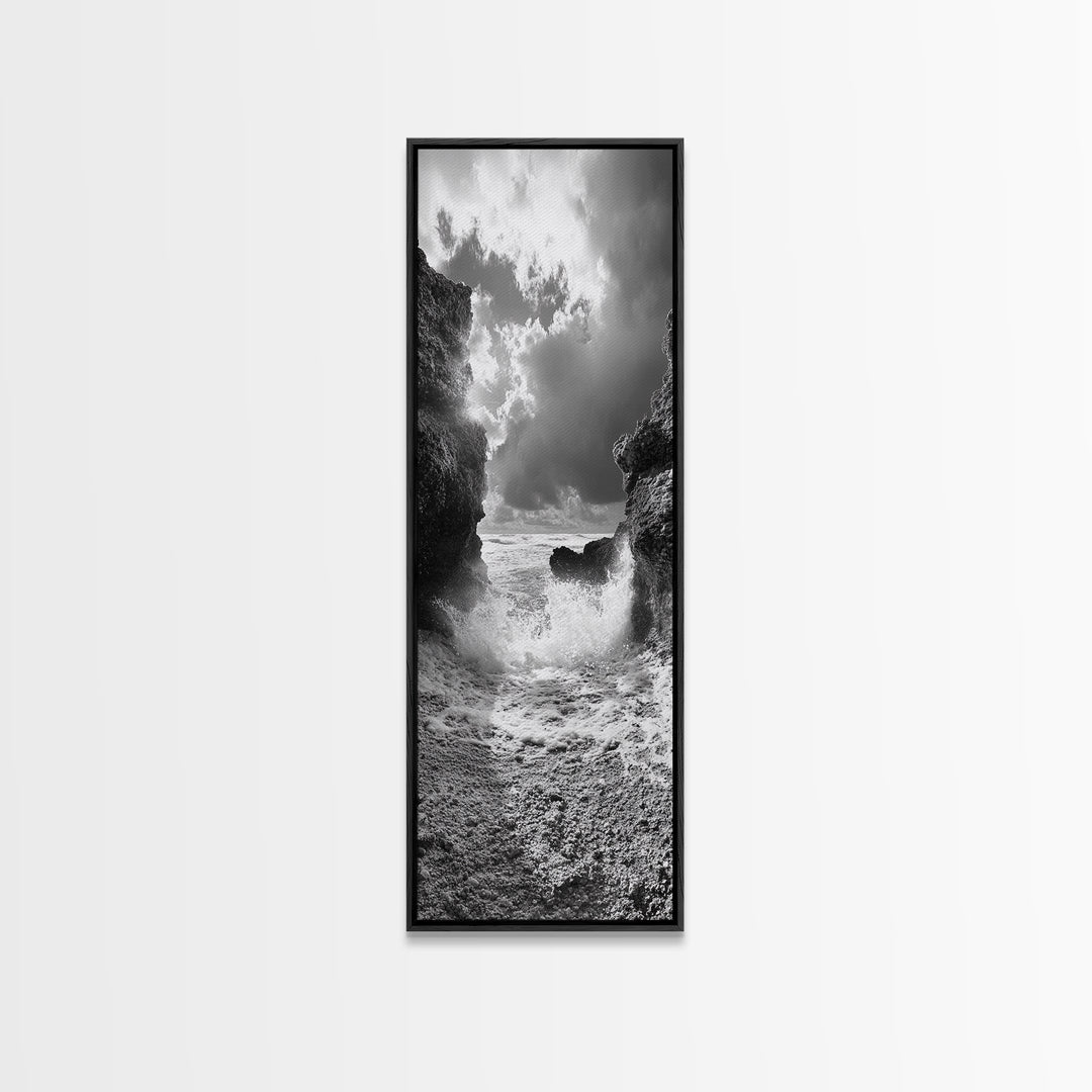 Wave Crash Rocks, Ocean Drama Scene, Moody Beach Photography, Coastal Kitchen Decor, Framed Canvas Print, Nautical Wall Art