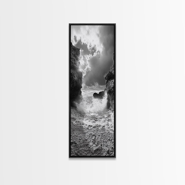 Wave Crash Rocks, Ocean Drama Scene, Moody Beach Photography, Coastal Kitchen Decor, Framed Canvas Print, Nautical Wall Art