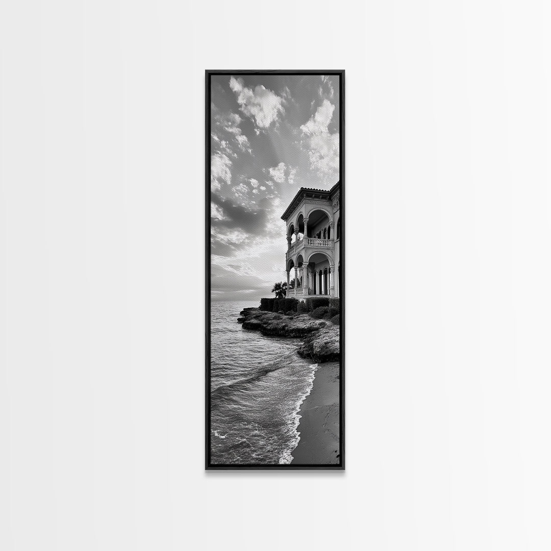 Italian Villa Coast, Seaside Architecture Print, Elegant Travel Decor, Framed Canvas Print, Dining Room Wall Art, Monochrome