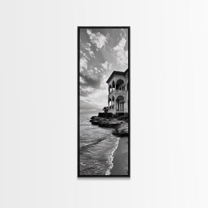 Italian Villa Coast, Seaside Architecture Print, Elegant Travel Decor, Framed Canvas Print, Dining Room Wall Art, Monochrome
