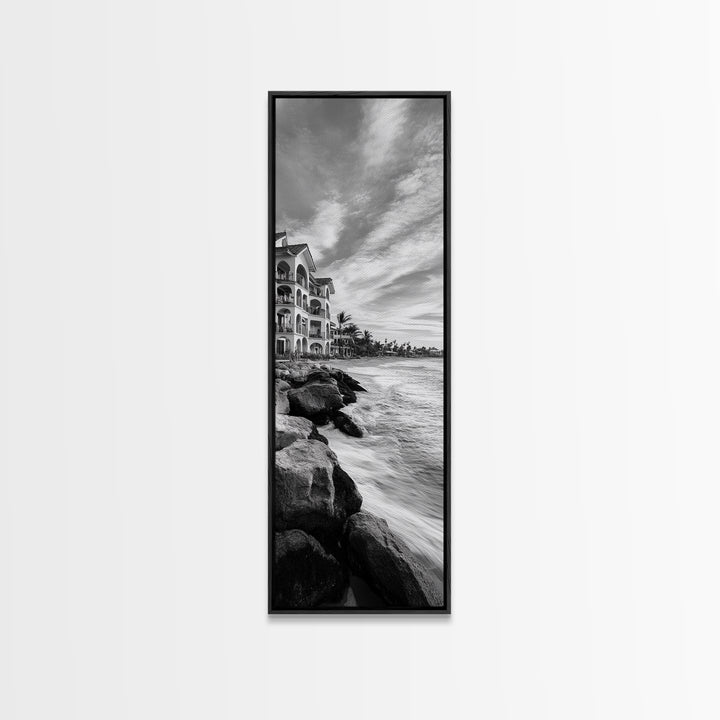 Coastal Resort Scene, Waves Rocks Hotel, Tropical Vacation Art, Beach House Wall Decor, Canvas Print, Living Room Style, Coastal Minimalist