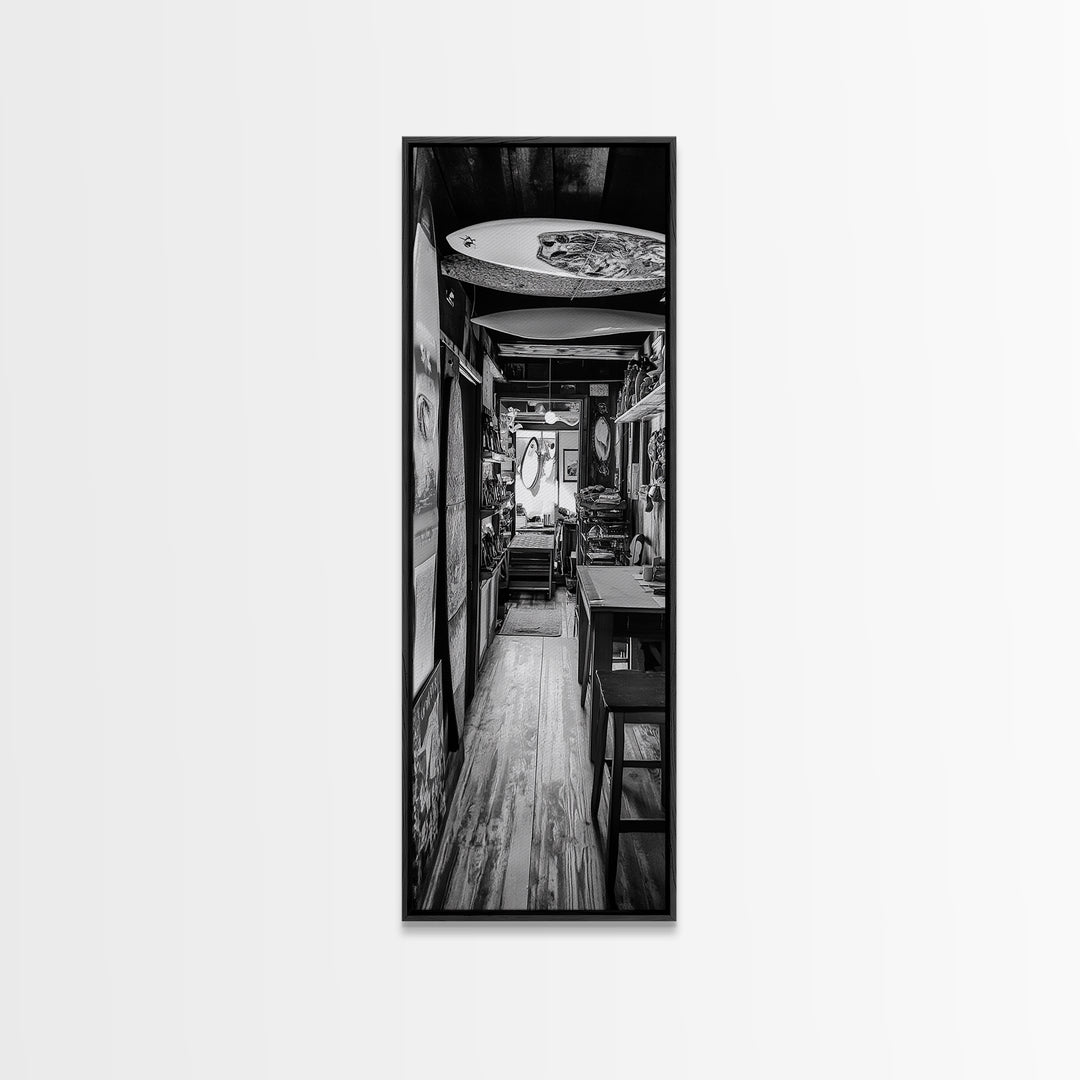 Surfboard Shop Hallway, Rustic Surf Decor, Beach Lifestyle Print, Framed Canvas Print, Man Cave Wall Art, Coastal Boho Vibes, Cabin Wall Art