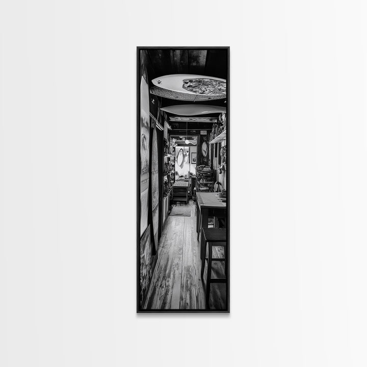 Surfboard Shop Hallway, Rustic Surf Decor, Beach Lifestyle Print, Framed Canvas Print, Man Cave Wall Art, Coastal Boho Vibes, Cabin Wall Art