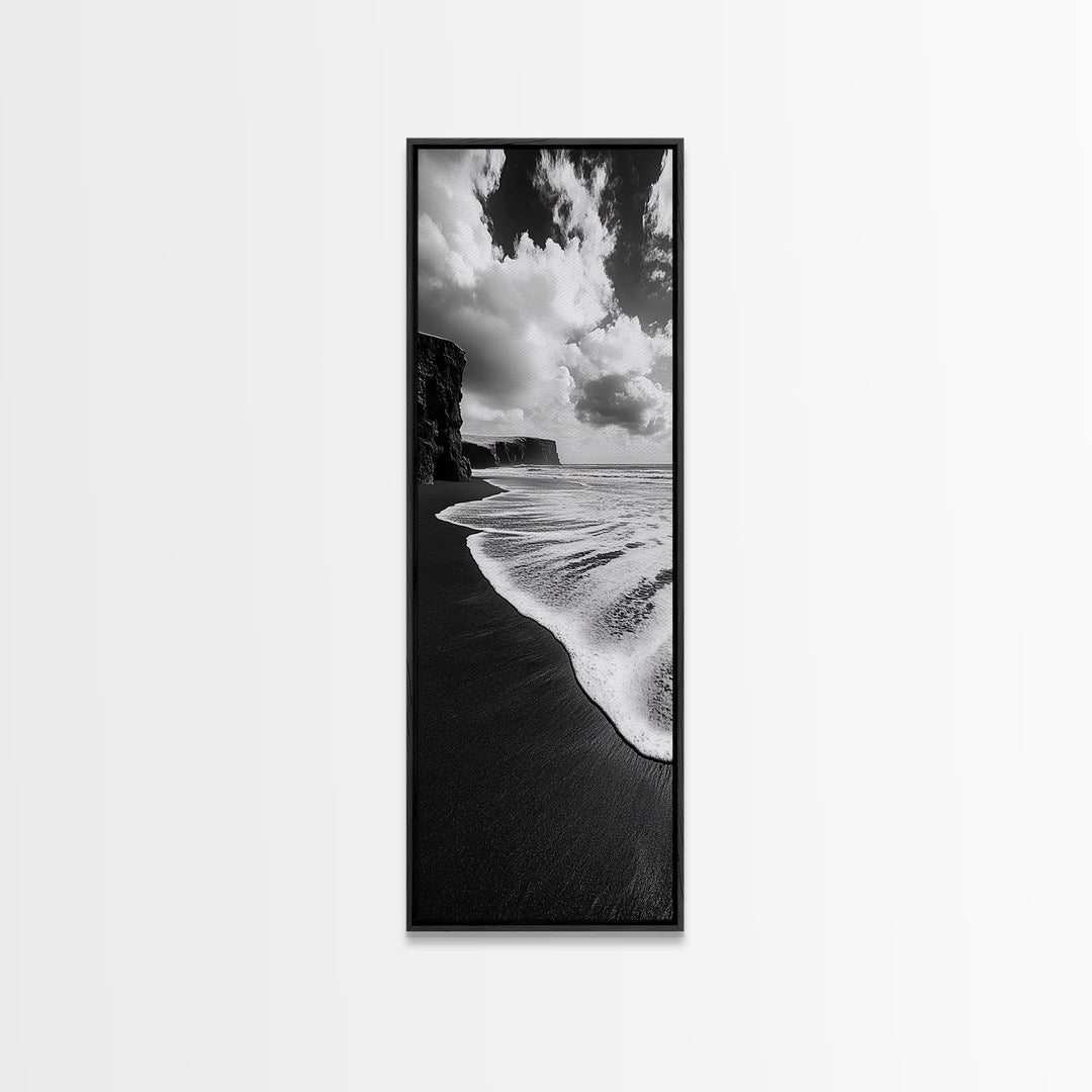 Shoreline Edge, Ocean Waves, Coastal Horizon, Framed Canvas Print, Black and White Beach Art, Bathroom Art, Entryway Wall Decor