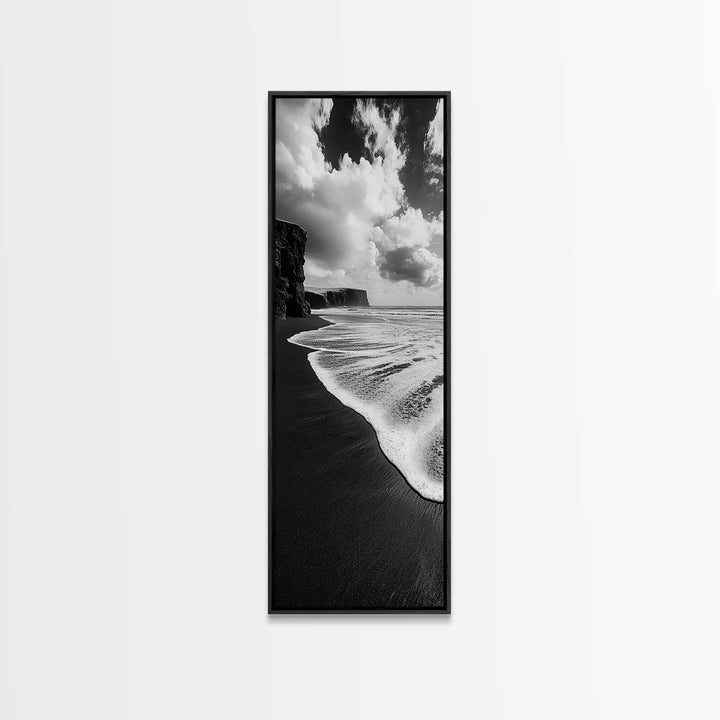 Shoreline Edge, Ocean Waves, Coastal Horizon, Framed Canvas Print, Black and White Beach Art, Bathroom Art, Entryway Wall Decor