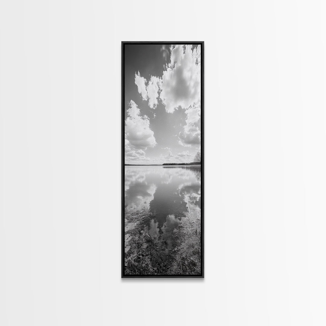 Lake Reflection, Calm Waters, Cloudy Sky, Minimalist Landscape, Framed Canvas Print, Neutral Living Room Art, Tranquil Nature Scene