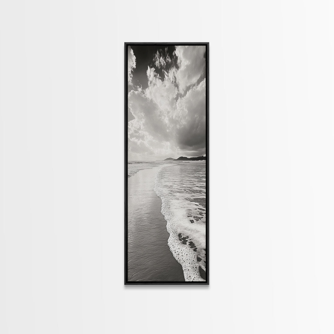 Beach Horizon, Ocean Calm, Foamy Shore, Black White Coastal Art, Canvas Print, Bathroom Decor, Peaceful Coastal Minimalist Style