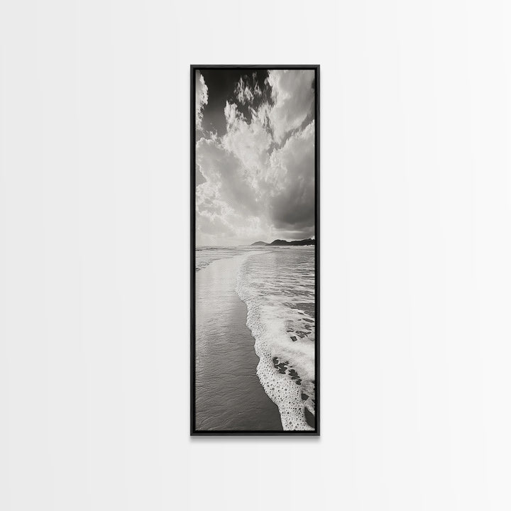 Beach Horizon, Ocean Calm, Foamy Shore, Black White Coastal Art, Canvas Print, Bathroom Decor, Peaceful Coastal Minimalist Style