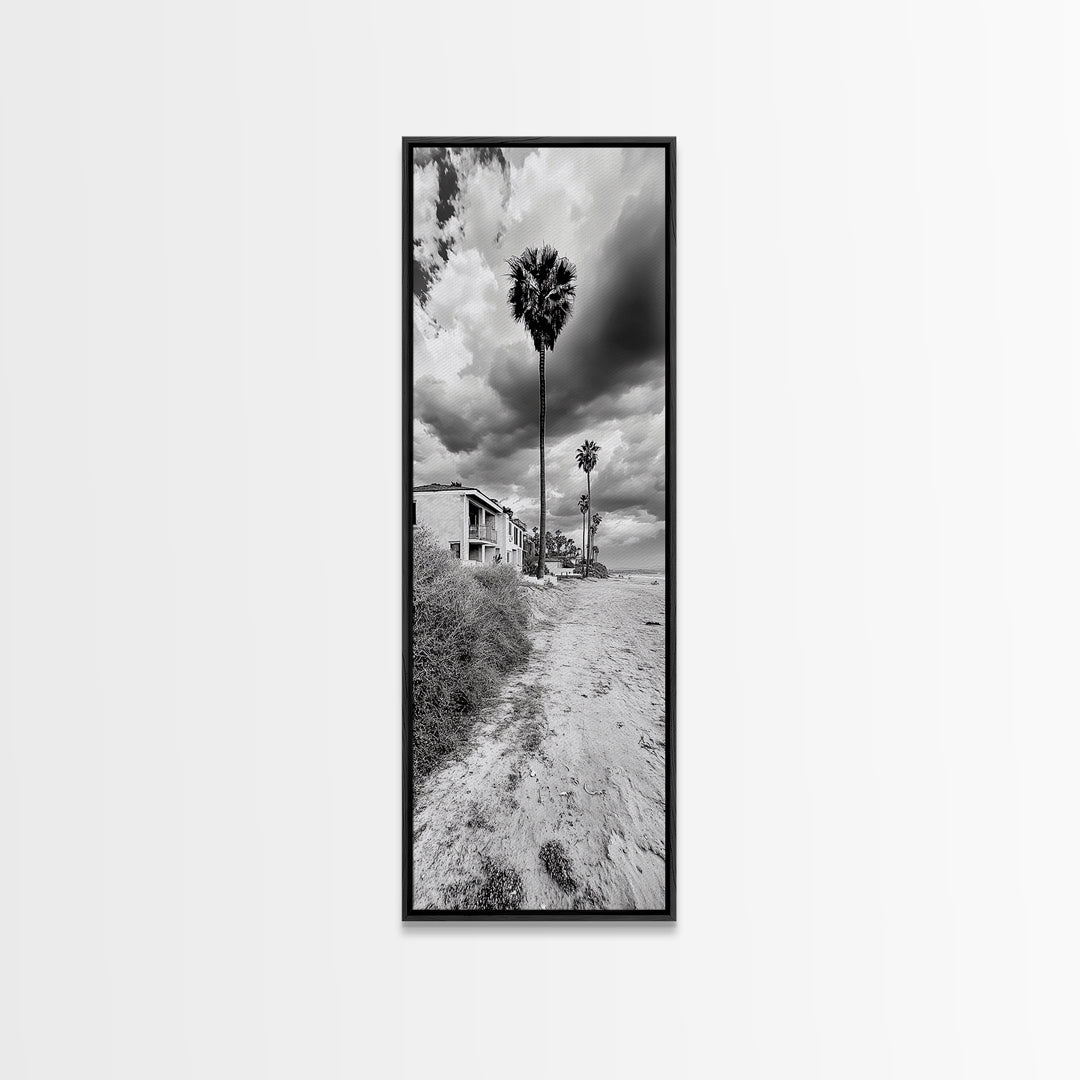Palm Beach, Coastal Homes, Overcast Sky, California Vibe, Framed Canvas Print, Neutral Beach House Wall Art, Minimalist Seaside Style