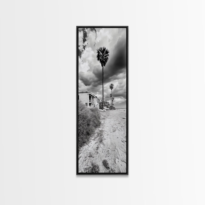 Palm Beach, Coastal Homes, Overcast Sky, California Vibe, Framed Canvas Print, Neutral Beach House Wall Art, Minimalist Seaside Style