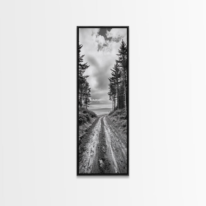 Coastal Forest Path, Nature Trail, Ocean View, Black and White, Framed Canvas Print, Entryway Wall Art, Rustic Decor, Landscape Photography