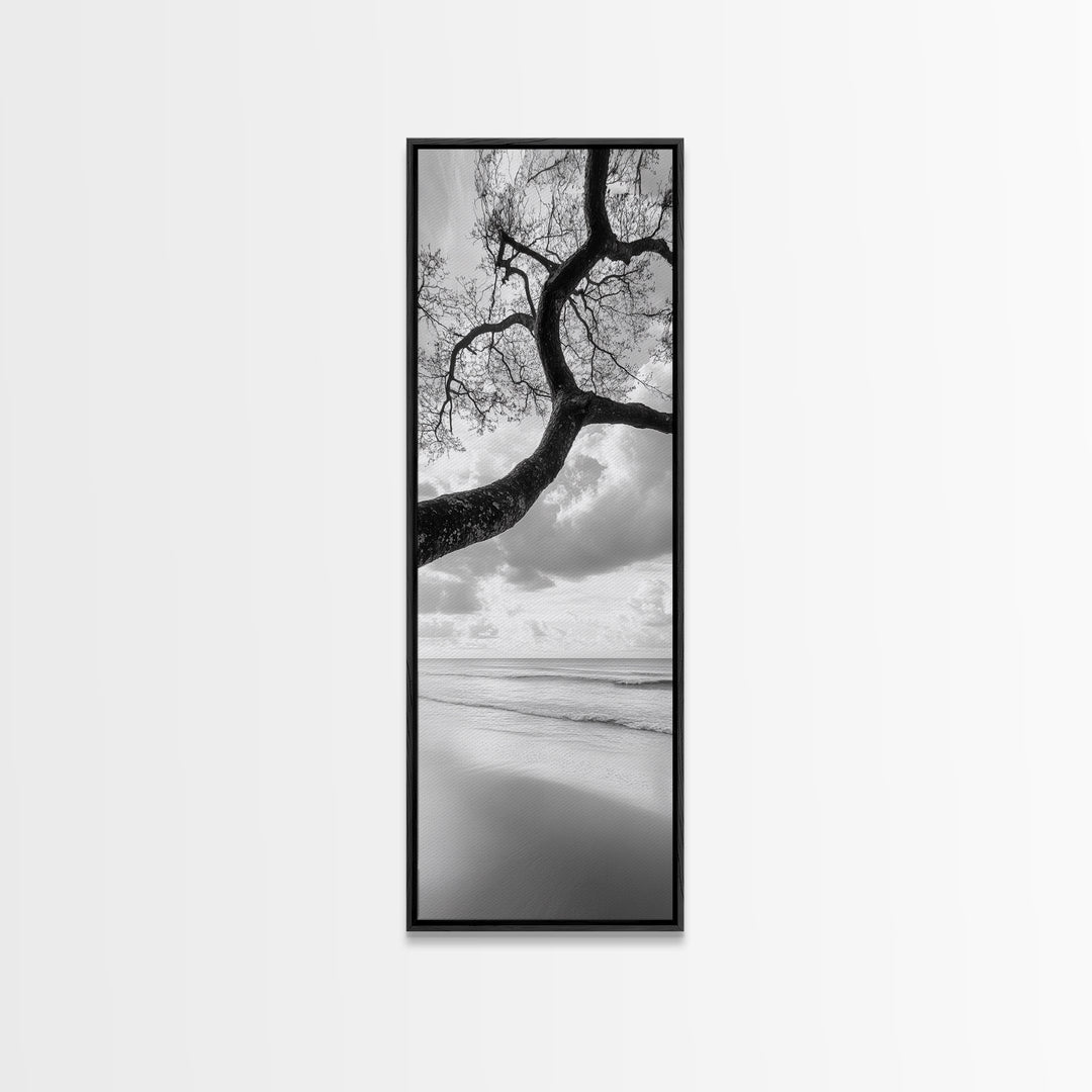 Ocean Tree View, Beach Horizon, Minimal Branches, Framed Canvas Print, Coastal Living Room Art, Neutral Decor, Zen Nature Photography