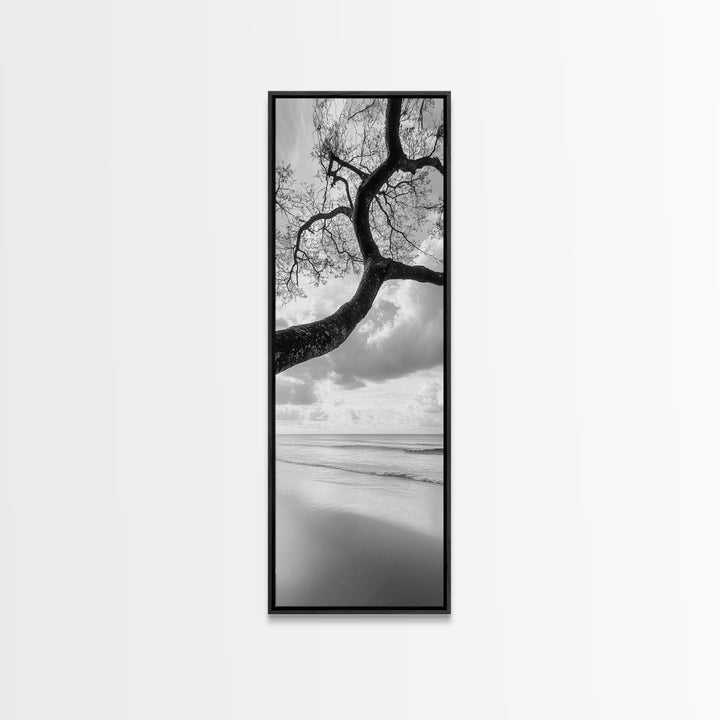 Ocean Tree View, Beach Horizon, Minimal Branches, Framed Canvas Print, Coastal Living Room Art, Neutral Decor, Zen Nature Photography