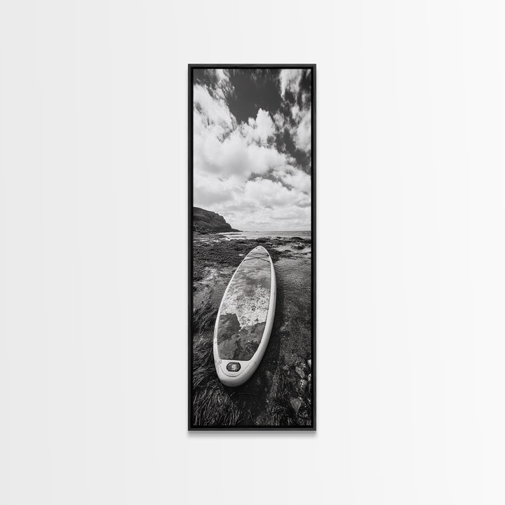 Surfboard Still, Rocky Shore, Beach Vibes, Framed Canvas Print, Coastal Bathroom Wall Art, Minimalist Beach Decor, Summer Style