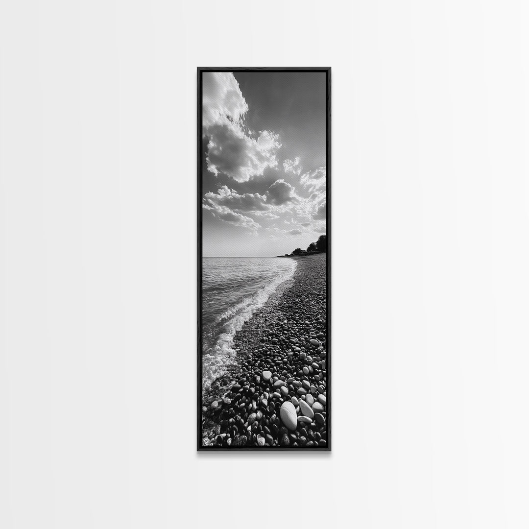 Pebble Beach, Gentle Waves, Coastal Calm, Framed Canvas Print, Minimalist Bathroom Wall Art, Nature Texture Decor, Seaside Zen, Office Wall Art