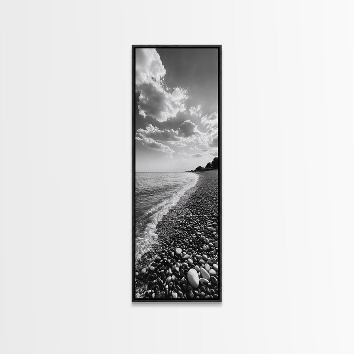 Pebble Beach, Gentle Waves, Coastal Calm, Framed Canvas Print, Minimalist Bathroom Wall Art, Nature Texture Decor, Seaside Zen, Office Wall Art