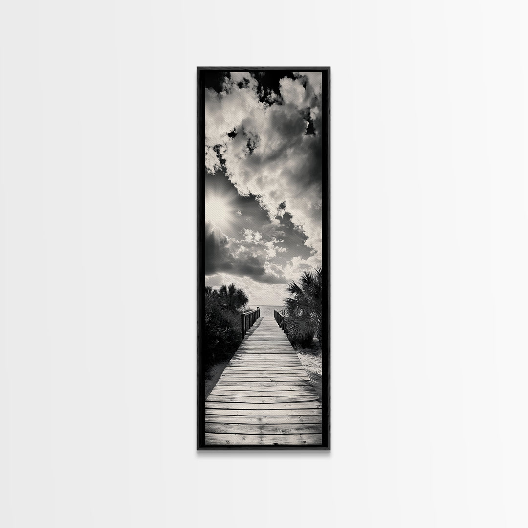 Boardwalk Path, Coastal Sunset, Palm Trees, Framed Canvas Print, Beach Walkway Wall Art, Entryway or Living Room Coastal Decor