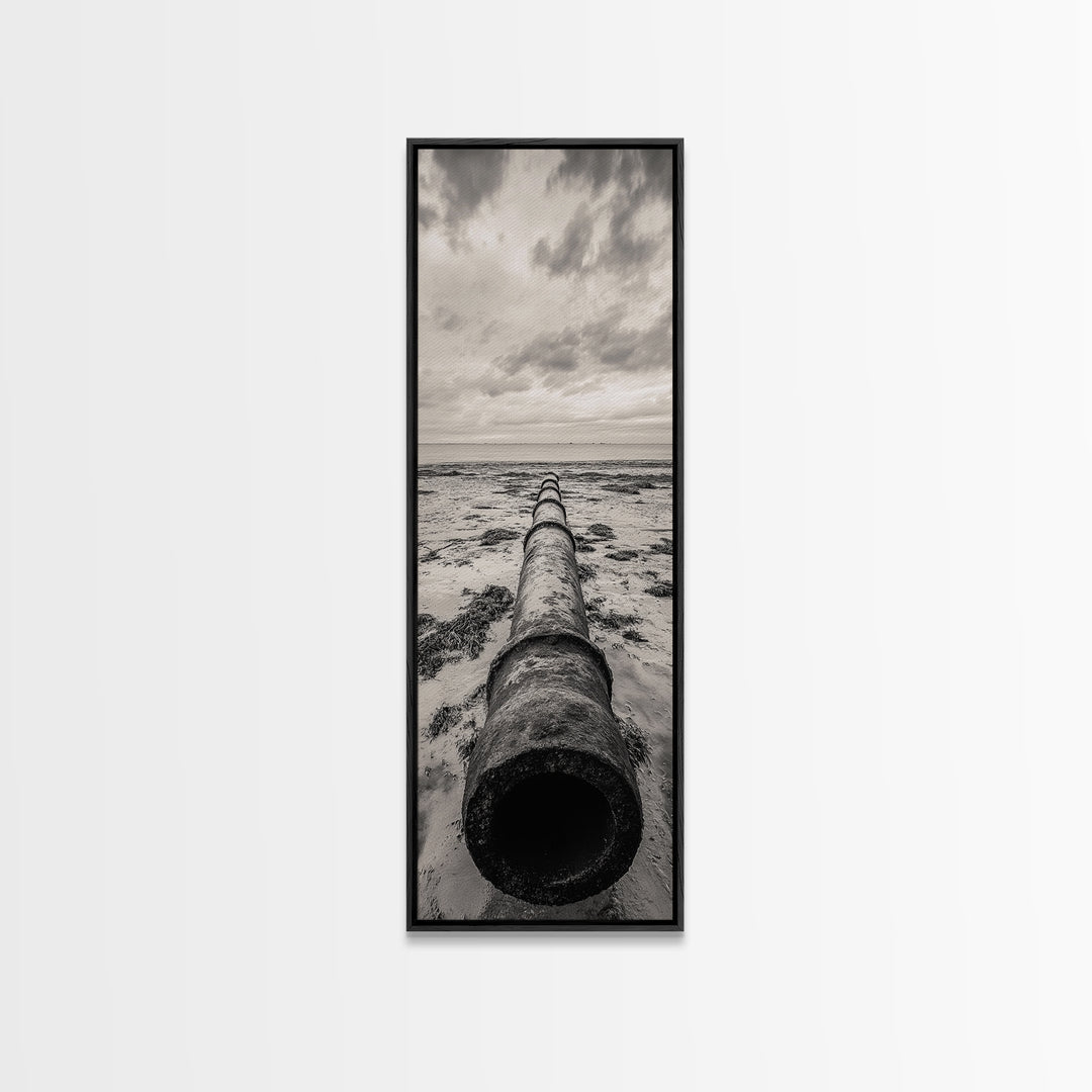Rusted Pipe Beach, Industrial Coastal Vibe, Grunge Seascape, Framed Canvas Print, Urban Loft Art, Bathroom Wall Art, Office Wall Art