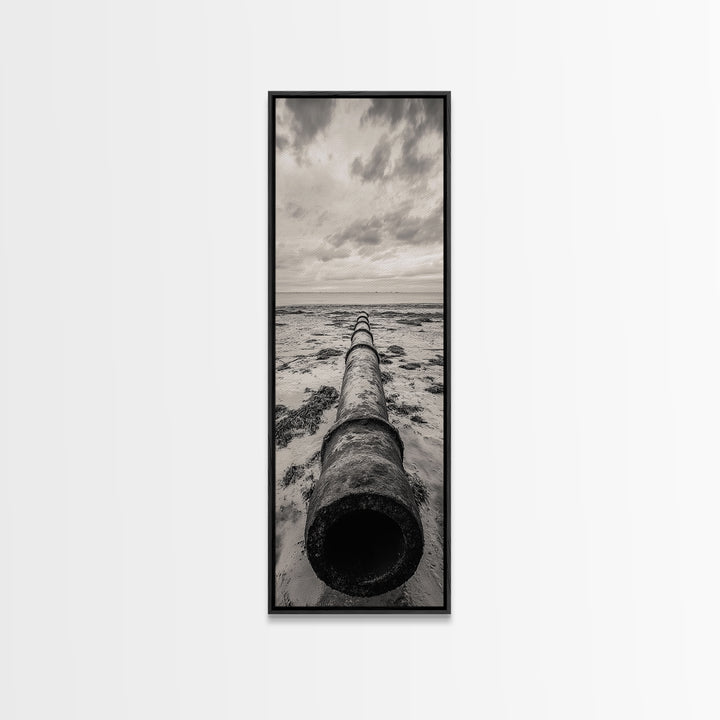 Rusted Pipe Beach, Industrial Coastal Vibe, Grunge Seascape, Framed Canvas Print, Urban Loft Art, Bathroom Wall Art, Office Wall Art