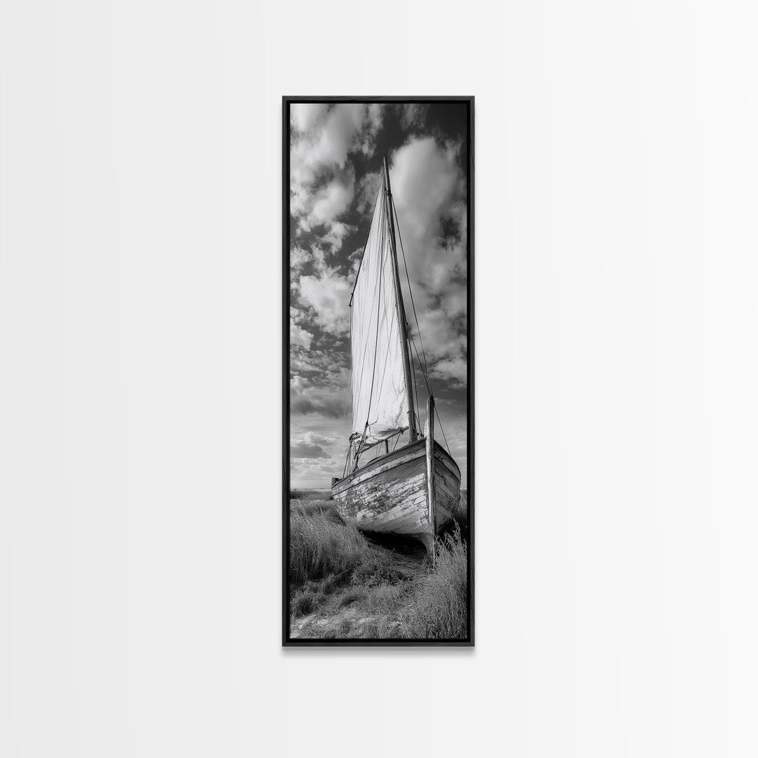 Weathered Sailboat Scene, Coastal Rustic Charm, Seafaring Wall Decor, Framed Canvas Print, Nautical Bathroom or Hallway Art, Ocean Decor