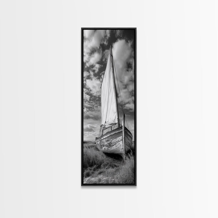 Weathered Sailboat Scene, Coastal Rustic Charm, Seafaring Wall Decor, Framed Canvas Print, Nautical Bathroom or Hallway Art, Ocean Decor