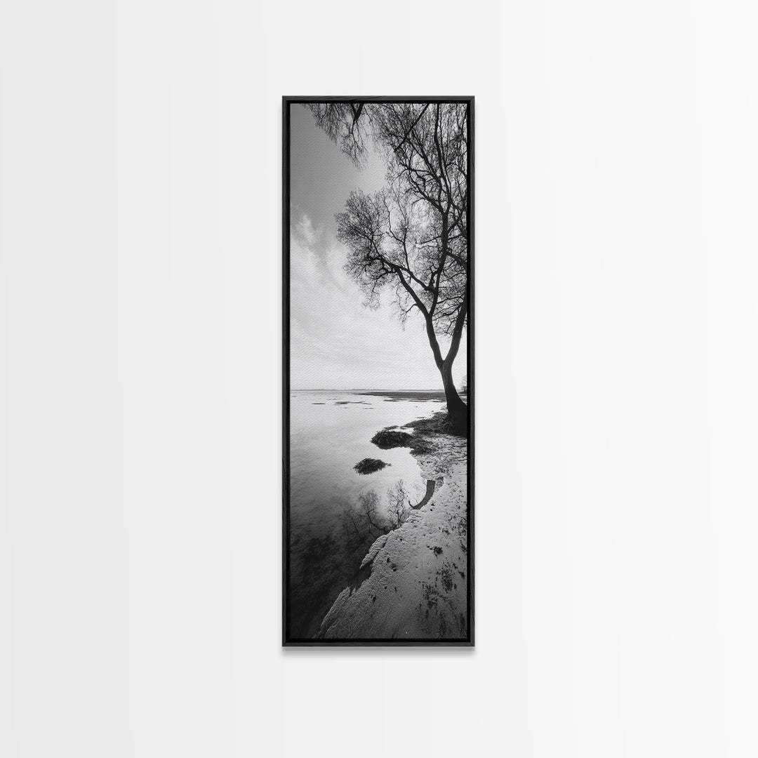 Bare Tree Reflection, Minimal Winter Shoreline, Calm Monochrome Art, Framed Canvas Print, Scandinavian Living Room Art, Bathroom Art