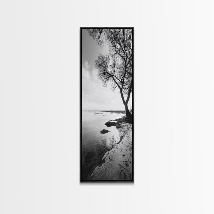 Bare Tree Reflection, Minimal Winter Shoreline, Calm Monochrome Art, Framed Canvas Print, Scandinavian Living Room Art, Bathroom Art