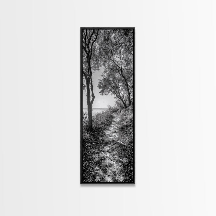 Lakeside Pathway Scene, Forest Walk Tranquility, Coastal Trail Mood, Framed Canvas Print, Nature-Lover Bedroom Wall Art, Cabin Wall Art