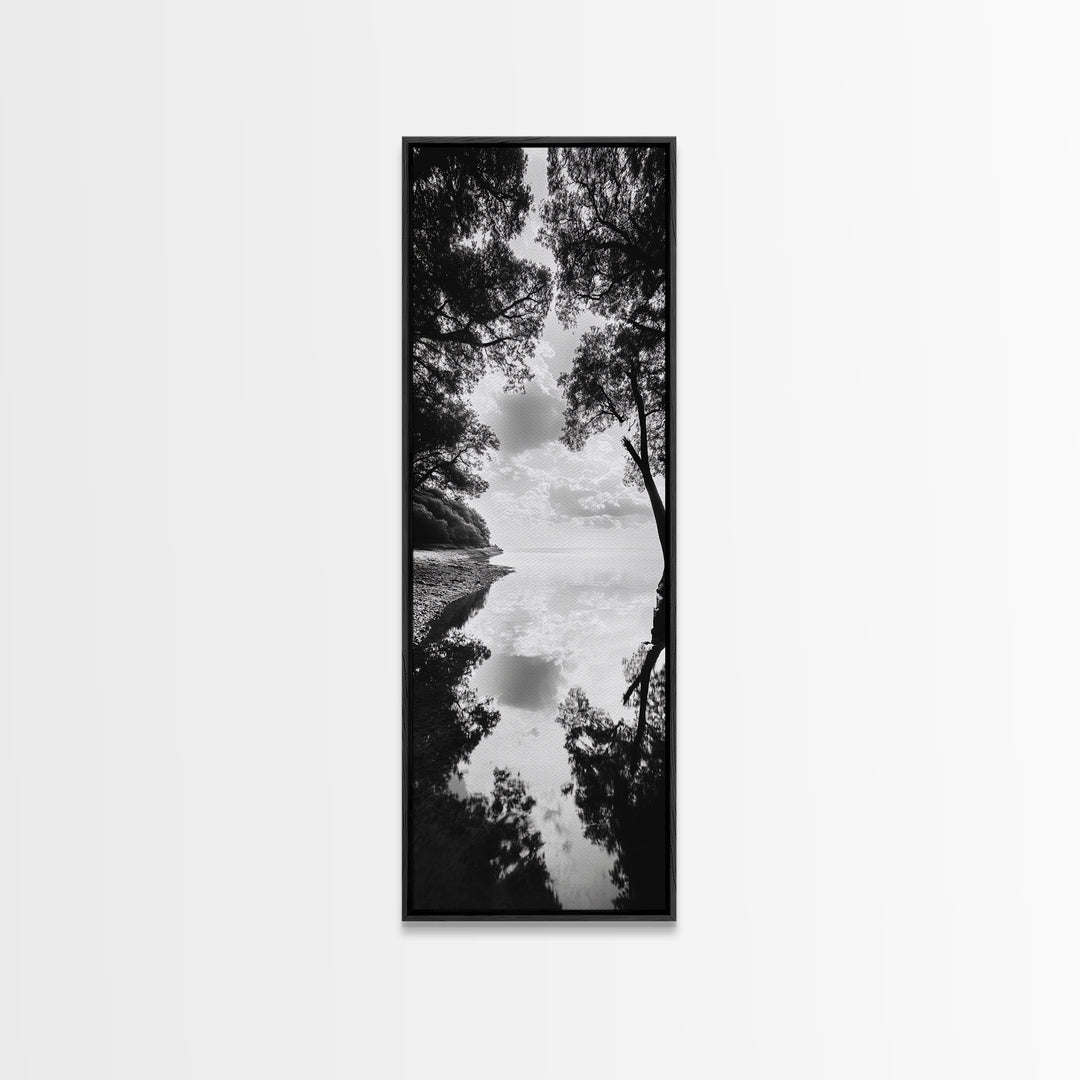 Misty Lake, Nature Reflection, Tranquil Waters, Monochrome Trees, Framed Canvas Print, Minimalist Wall Art, Bathroom or Hallway Decor