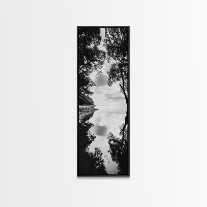 Misty Lake, Nature Reflection, Tranquil Waters, Monochrome Trees, Framed Canvas Print, Minimalist Wall Art, Bathroom or Hallway Decor