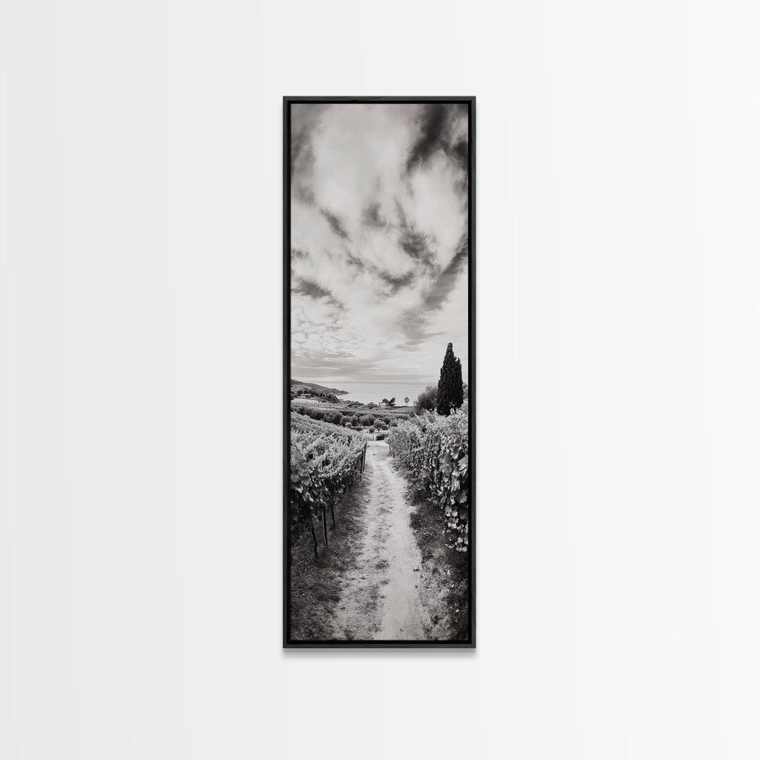 Vineyard Pathway, Scenic Hills, Countryside View, Rustic Charm, Framed Canvas Print, Farmhouse Kitchen Wall Art, Autumn Decor