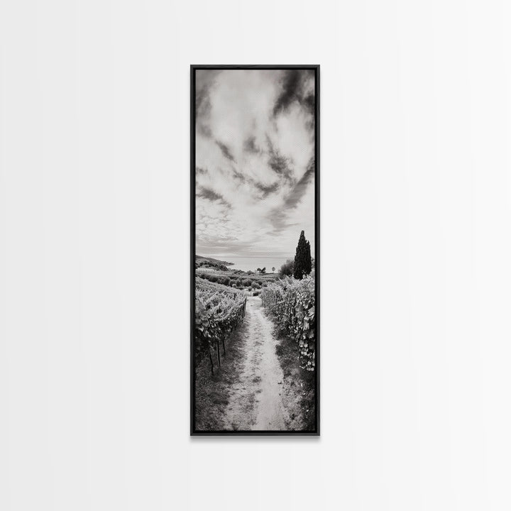 Vineyard Pathway, Scenic Hills, Countryside View, Rustic Charm, Framed Canvas Print, Farmhouse Kitchen Wall Art, Autumn Decor