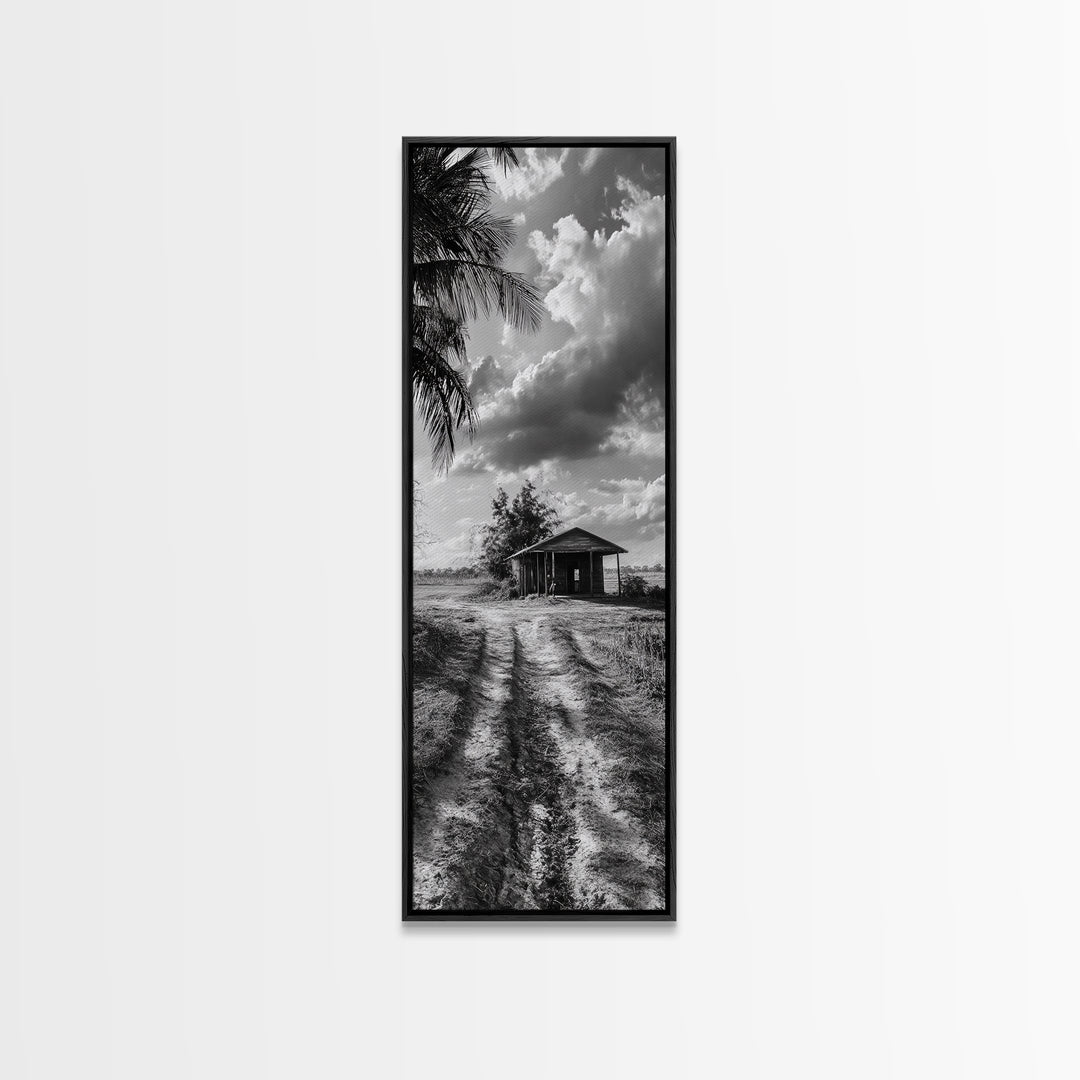 Rustic Cabin, Countryside Road, Farm Field, Palm Trees, Framed Canvas Print, Farmhouse Entryway Wall Art, Fall Landscape,  Den Wall Art