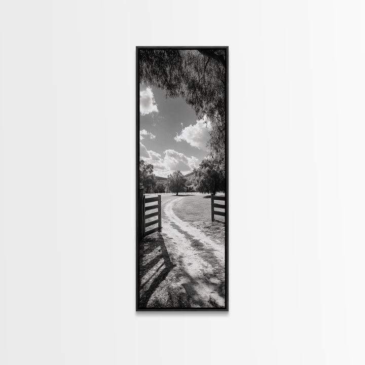 Country Road, Wooden Fence, Open Fields, Tree Shadows, Canvas Print, Rustic Farm Wall Art, Minimalist Nature Photography, Entryway Home Decor