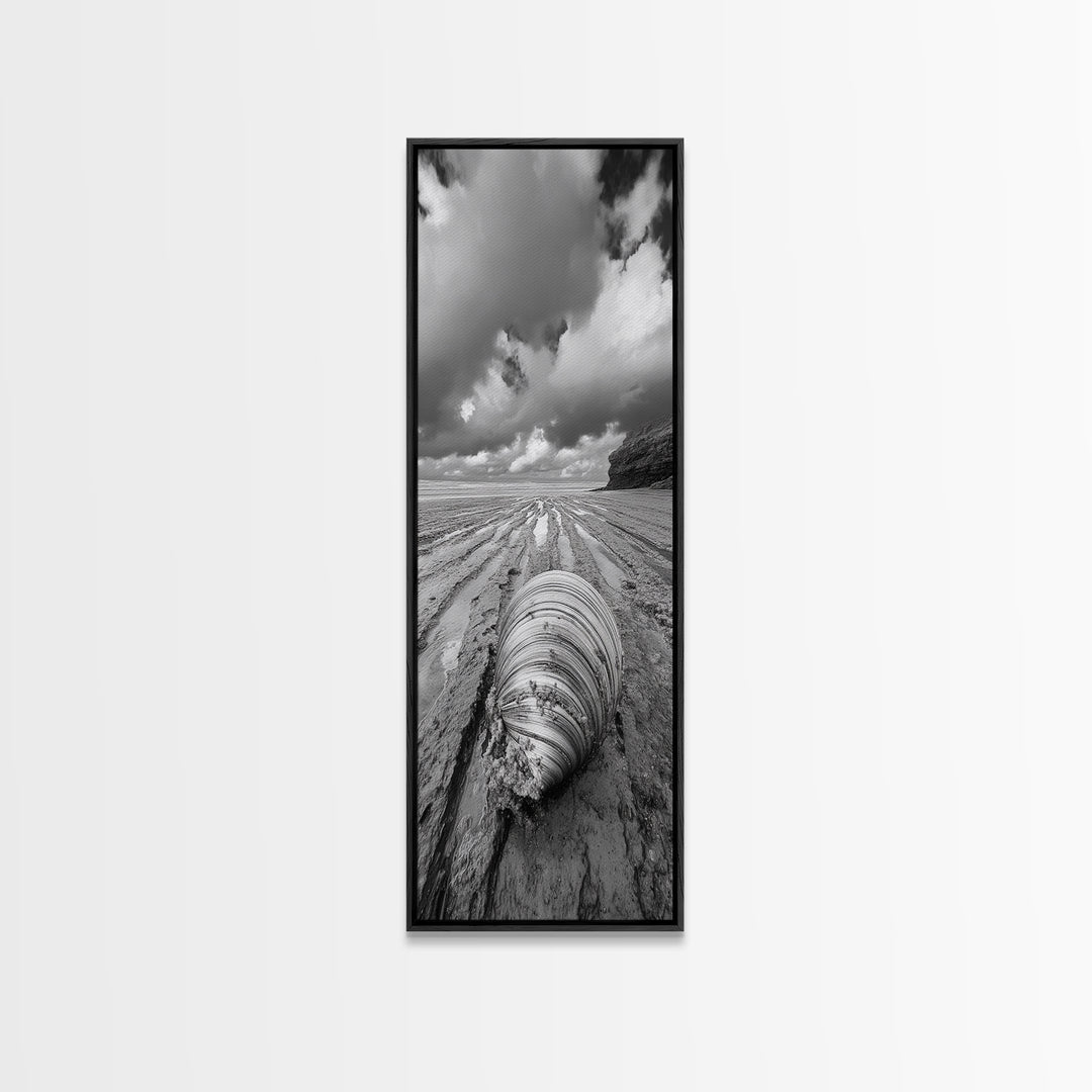 Ocean Clam, Moody Beach, Tidal Lines, Coastal Detail, Canvas Print, Nautical Bathroom Wall Art, Black and White Ocean Decor,  Den Wall Piece