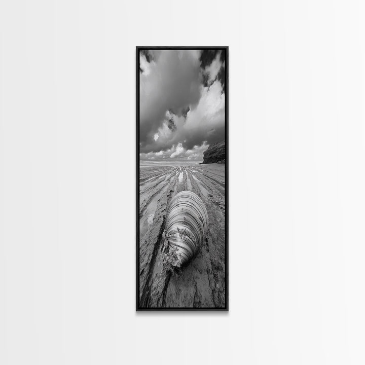 Ocean Clam, Moody Beach, Tidal Lines, Coastal Detail, Canvas Print, Nautical Bathroom Wall Art, Black and White Ocean Decor,  Den Wall Piece