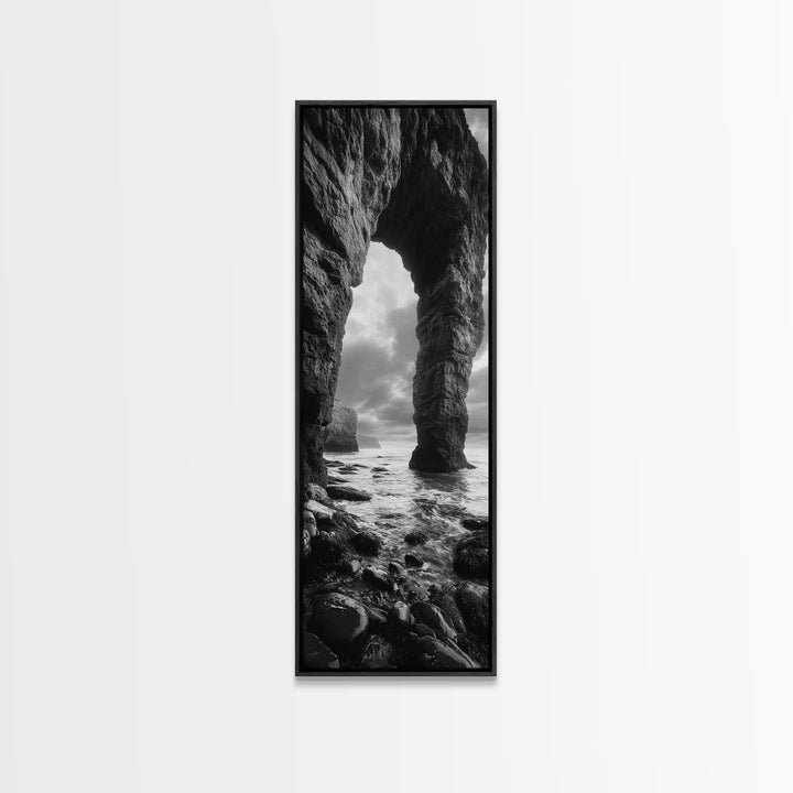 Sea Arch, Coastal Rocks, Ocean Waves, Dramatic Sky, Framed Canvas Print, Coastal Wall Art, Minimalist Beach House Decor, Bedroom Artwork