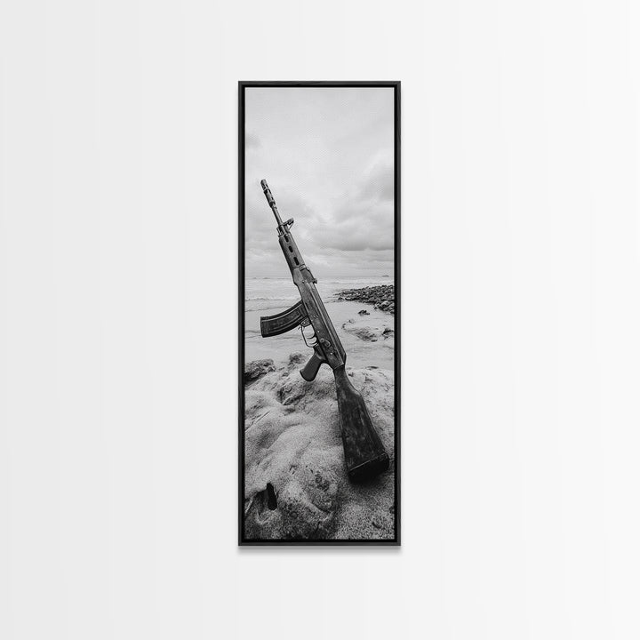 War Relic, AK Rifle, Surreal Beach Scene, Framed Canvas Print, Bold Statement Art, Bachelor Pad or Office Decor, Rustic Industrial Style