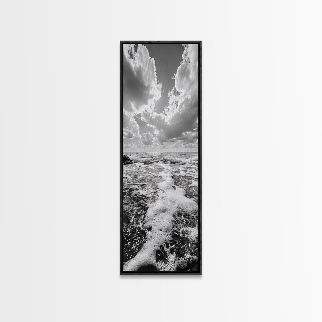 Sparkling Ocean, Cloud Horizon, Sea Breeze, Framed Canvas Print, Bright Coastal Art, Bathroom or Living Room Summer Vibe Wall Decor
