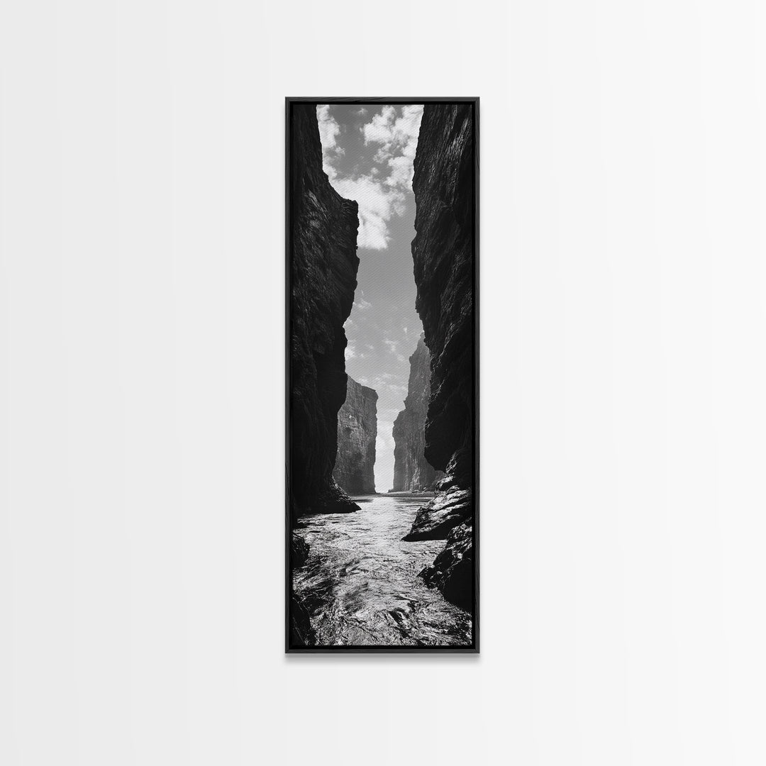 Coastal Canyon, Ocean Passage, Black White Art, Vertical Nature Scene, Framed Canvas Print Entryway Wall Art, Landscape Minimalist Decor