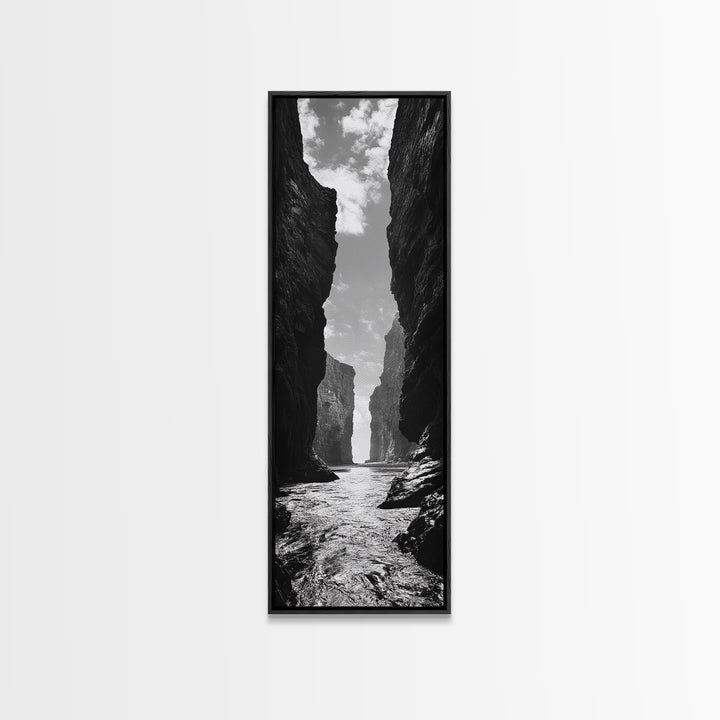 Coastal Canyon, Ocean Passage, Black White Art, Vertical Nature Scene, Framed Canvas Print Entryway Wall Art, Landscape Minimalist Decor