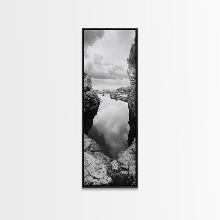 Tide Pool, Coastal Reflection, Tranquil Cove, Cloudy Sky, Framed Canvas Print Zen Bathroom Art, Minimalist Nature Wall Decor, Neutral Modern Style