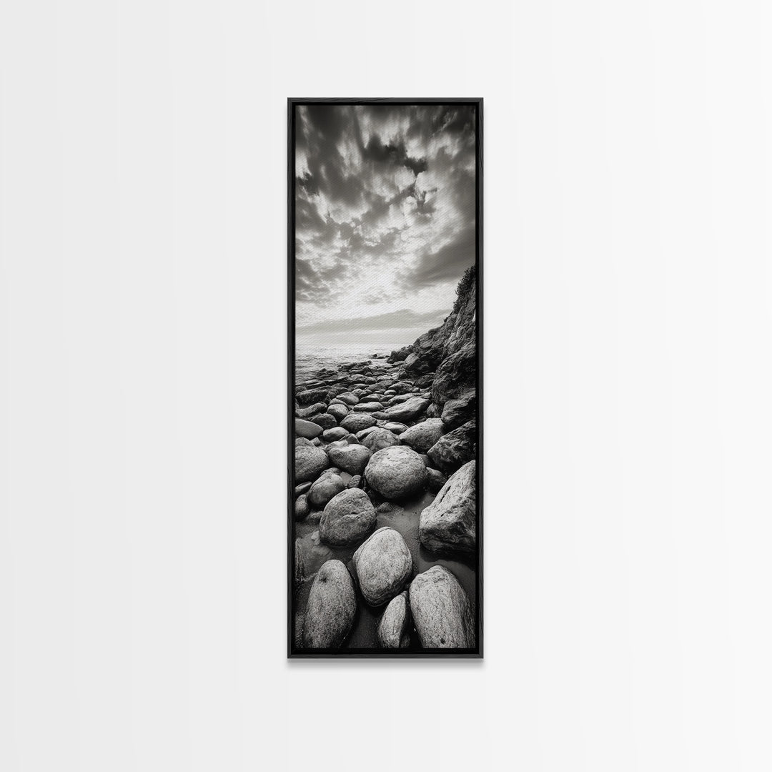 Coastal Stones, Rocky Shore, Sunrise Ocean, Black White Print, Framed Canvas Print Beach House Decor, Entryway Art, Nautical Minimalist Wall Art