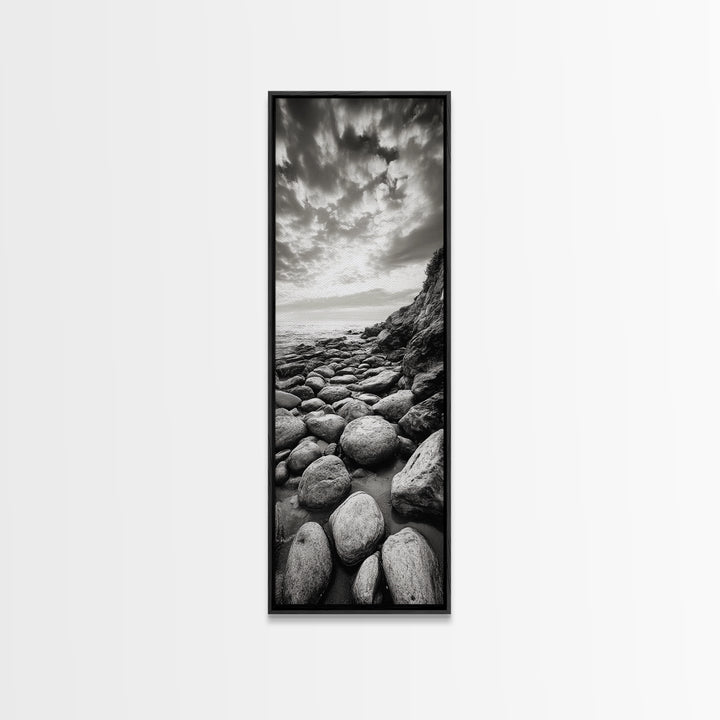 Coastal Stones, Rocky Shore, Sunrise Ocean, Black White Print, Framed Canvas Print Beach House Decor, Entryway Art, Nautical Minimalist Wall Art