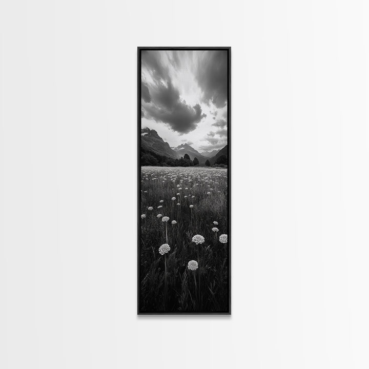 Wildflower Field, Alpine Meadow, Mountain Backdrop, Nature Print, Serene View, Framed Canvas Print, Living Room Wall Art, Rustic Farmhouse Decor