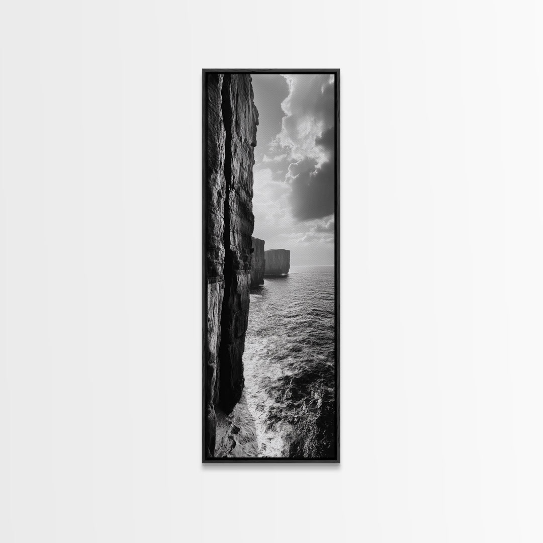 Cliff Edge, Ocean Depth, Moody Seascape, Framed Canvas Print, Coastal Wall Art, Black and White Photography, Office or Study Decor