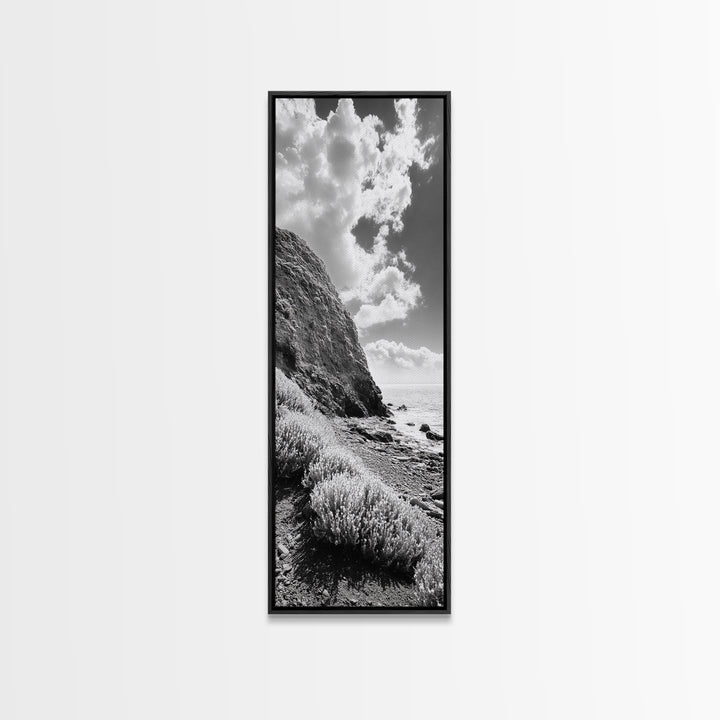 Coastal Shrubs, Rocky Beach, Sunlit Cliffside, Framed Canvas Print, Kitchen Wall Art, Black and White Nature, Scandinavian Home Style