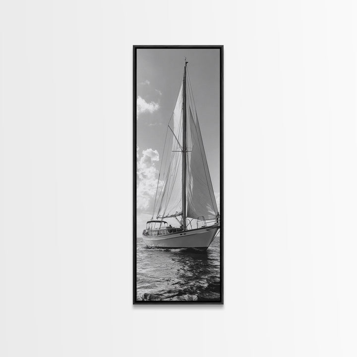 Sailboat Ocean Art, Nautical Wall Decor, Minimalist Seascape, Coastal Living Room Style, Framed Canvas Print, Black White Sailboat