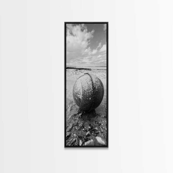 Weathered Buoy Ball, Rustic Coastal, Beach Decor, Nautical Minimalism, Framed Canvas Print, Bathroom Wall Art, Ocean Inspired Design